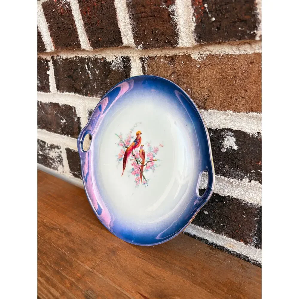 Vintage Czechoslovakia Porcelain Serving Plate Tray Birds Floral Blue Luster